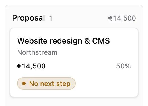 Pipeline, Proposal column: the deal Website redesign & CMS for Northstream, €14,500