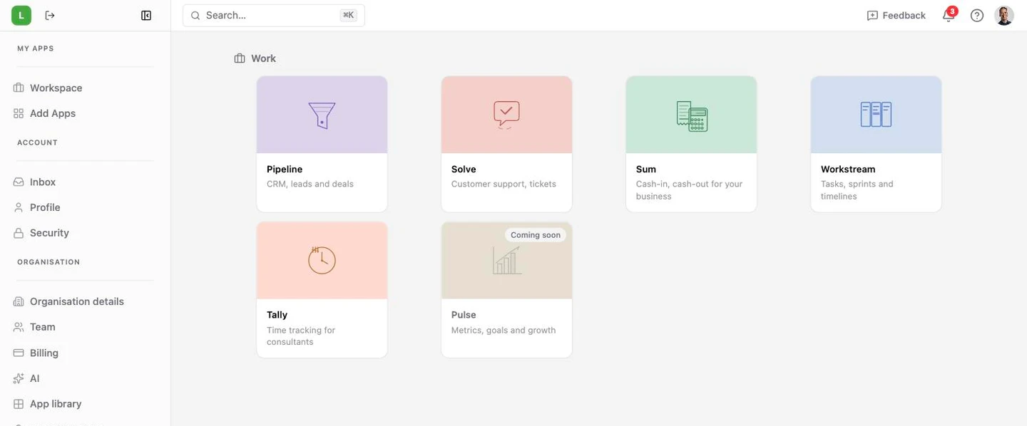 Lyto Workspace — the connected app suite: Pipeline, Solve, Sum, Workstream, Tally and Pulse